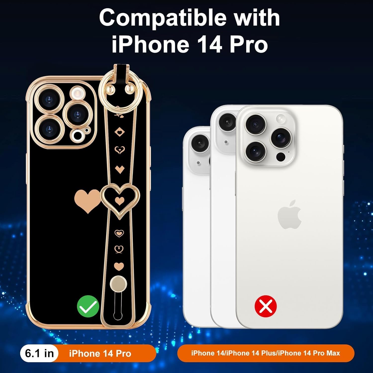 for iPhone 14 Pro Case Cute Love-Heart Plating Strap Phone Cover for Women Girls Bling Soft Silicone Camera Lens Protection Bumper Shockproof Phone Case for iPhone 14 Pro (6.1'')-Black - Image 3