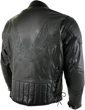 Milwaukee Leather LKM7009 Mens Flying Mayhem Skull Premium Black Leather Motorcycle Riders Jacket w/CE Armor Protection - Large
