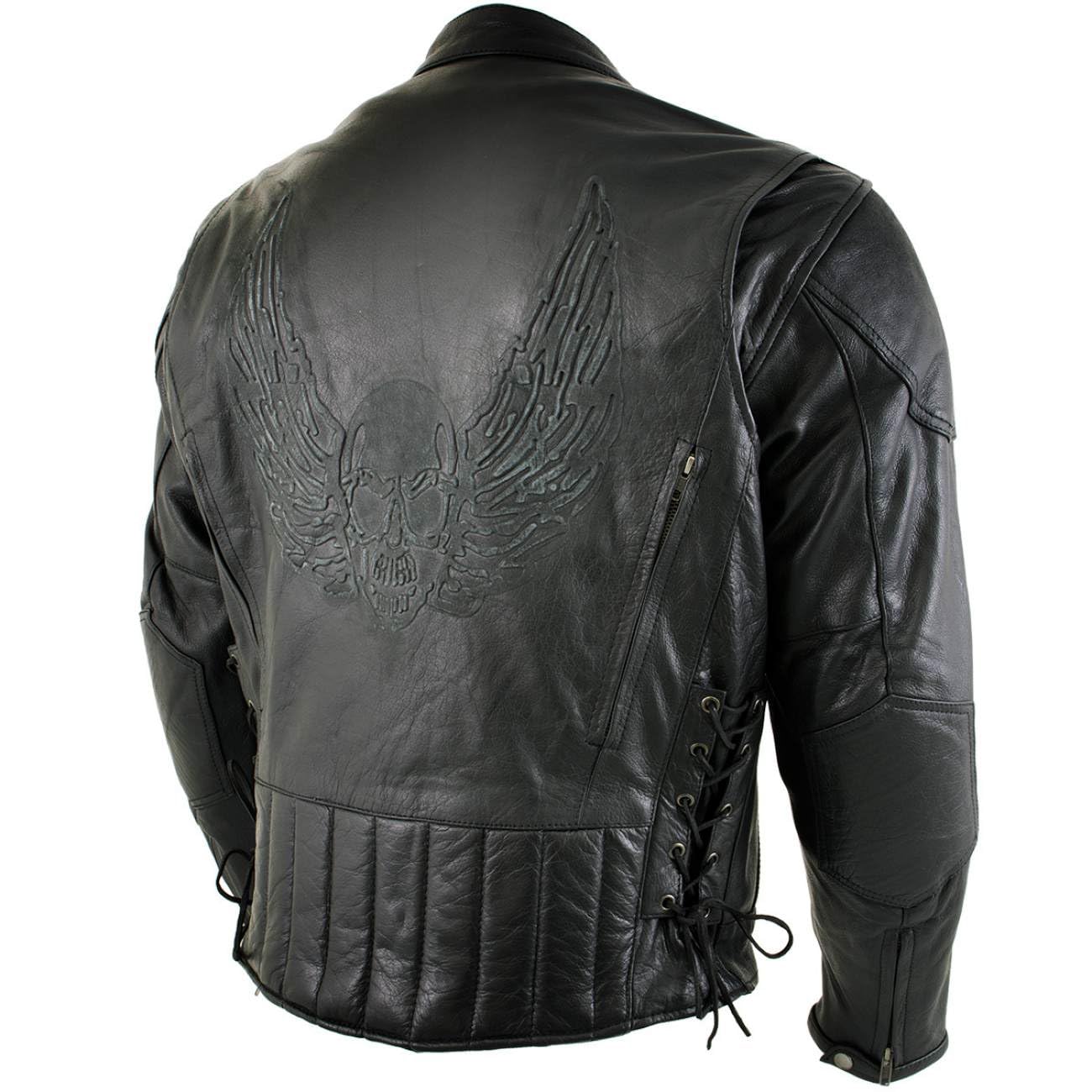 LKM7009 Men's Flying Mayhem Skull Premium Black Leather Motorcycle Riders Jacket w/CE Arm…