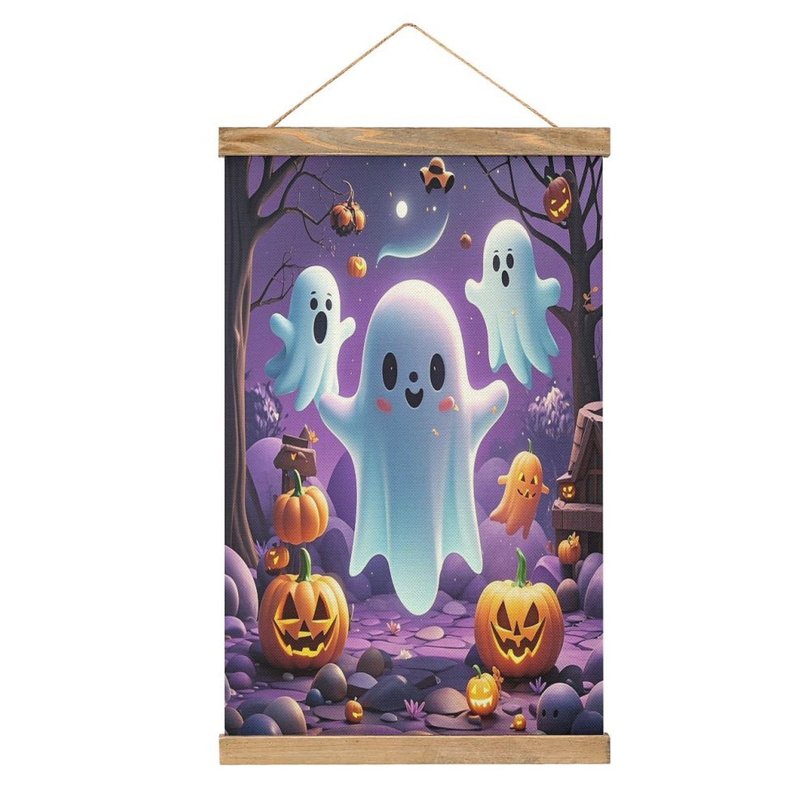 FekiLoot Ghost Pumpkin Wall Art Poster Hanger Frame Linen Wall Art Decor Vintage Hanging Poster Hanging Wall Decor Rustic Retro Wall Art Print for Living Room Decor 20.4 X 13.1Inches