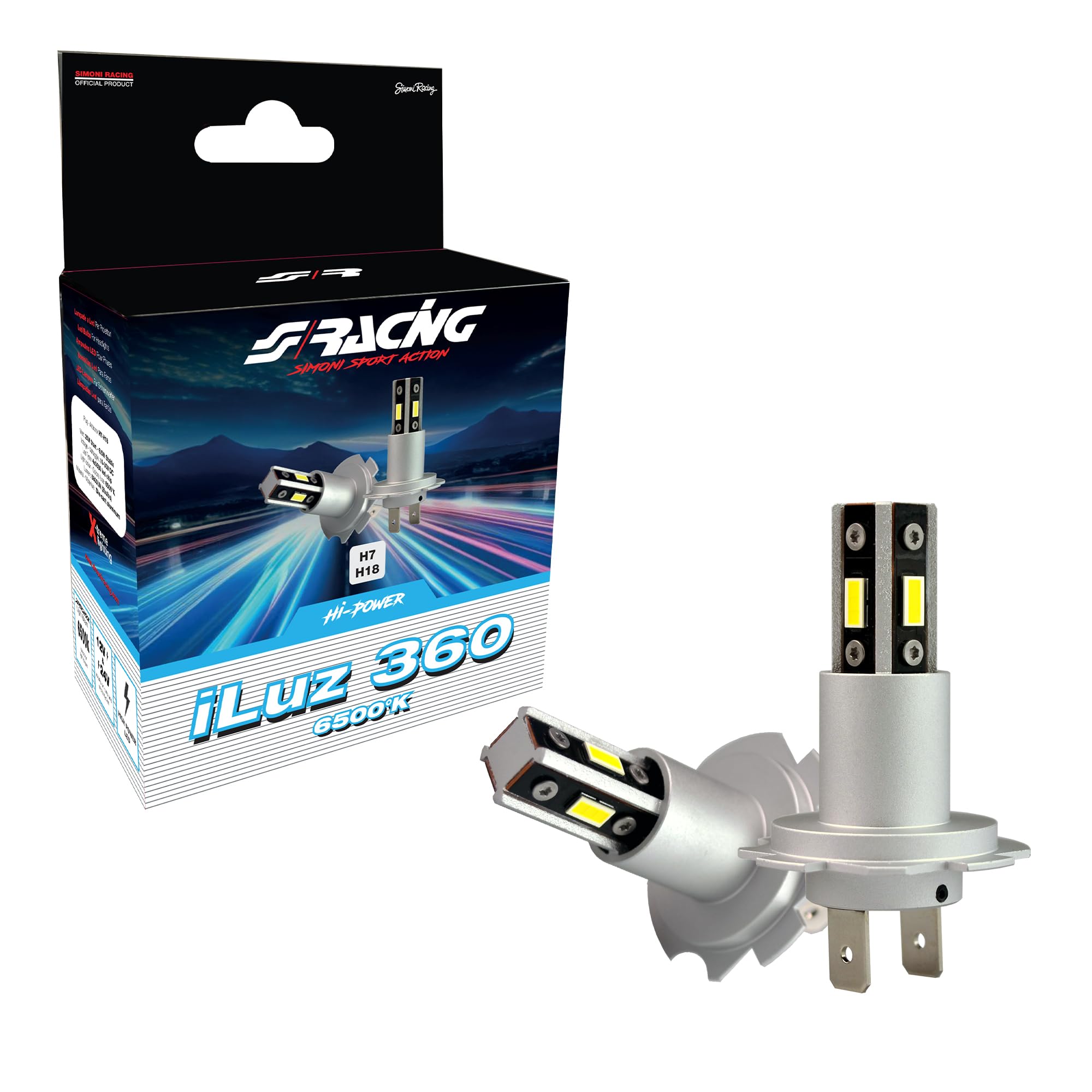 Simoni Racing Z36 iLuz Konwersja LED 360 stopni, zestaw 2 żarówek LED 360° z przyłączem H7 - H18, mały rozmiar do samochodów i motocykli z białym światłem 6500°K