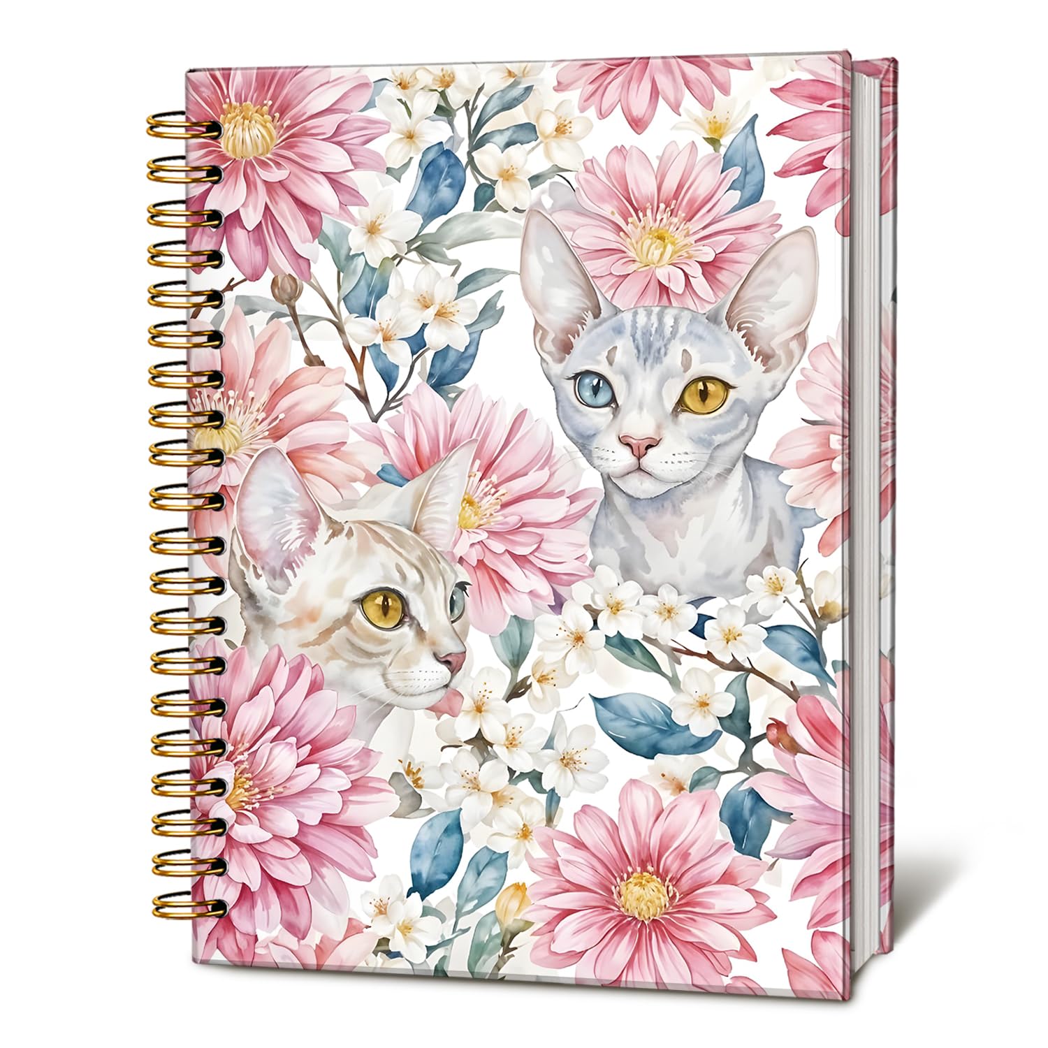 LIANGW Sphynx Cat Notebook Journal, Cat Lover Gifts for Women Men, funny Black Cat Gifts for Girls, Pink Floral Cat Peel Spiral Notebook, Cat Notepad