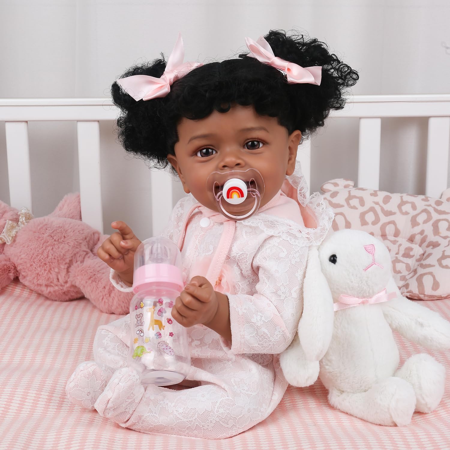 KSBD Realistic Reborn Baby Doll Black Girl - 18 Inch African American Newborn Toddler Real Life Lifelike Handmade Baby with Hair, Soft Weighted Body, Accessories, Cuddly, Gift Box for Kids Age 3+