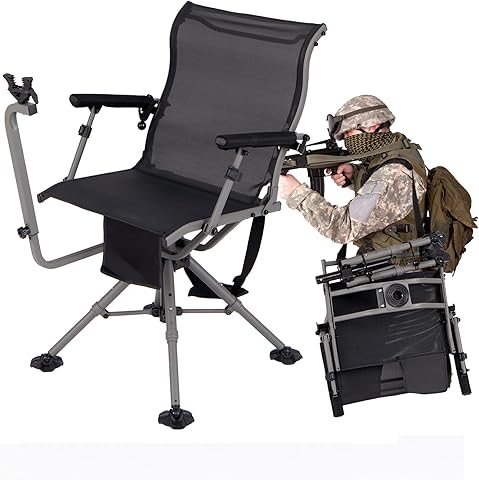 KOMFOTTEU Silla de Caza Giratoria 360°, Silla Plegable de Exterior con Soporte para Rifle Ajustable y Patas Ajustables, Asiento de Francotirador con Bolsillo de Transporte, Carga 150 kg (Modelo I)