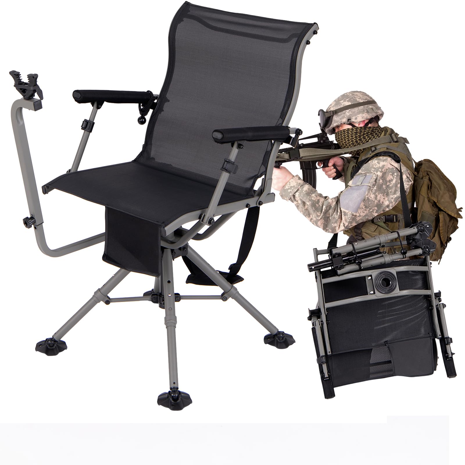KOMFOTTEU Silla de Caza Giratoria 360°, Silla Plegable de Exterior con Soporte para Rifle Ajustable y Patas Ajustables, Asiento de Francotirador con Bolsillo de Transporte, Carga 150 kg (Modelo I)