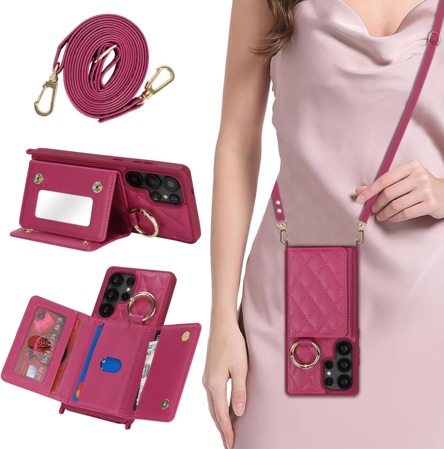 for Galaxy S25 Ultra Case with Card Holder and Strap for Women,Crossbody Lanyard, Make Up Mirror,Ring Stand,Snap Clasp,Cute Phone Wallet Cases 6.9 inch - Rose red
