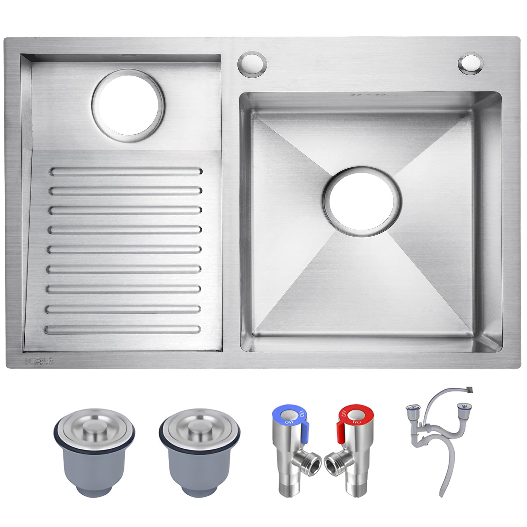 Évier Utilitaire En Acier Inoxydable SUS 304 - Double Cuve Avec Planche À Laver Intégrée Évier À Linge, Facile À Nettoyer, Pour Buanderie, Salle De Bain, Cuisine Et Garage(Silver-L,80x48cm)