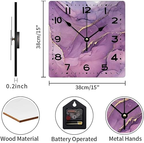 Miniatura 2 de Reloj de pared de madera de 15 pulgadas, movimiento de barrido, movimiento de barrido, textura de purpurina púrpura y dorada, reloj de madera