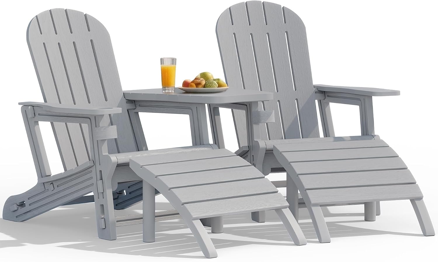 Vongrasig Adirondack Chairs Set of 2 with Removable Tabletop and Footrest, HDPE Plastic Outdoor Chair Set with Wooden Textured, Cup Holder for Patio, Poolside, Garden, Light Grey, 5 Pieces