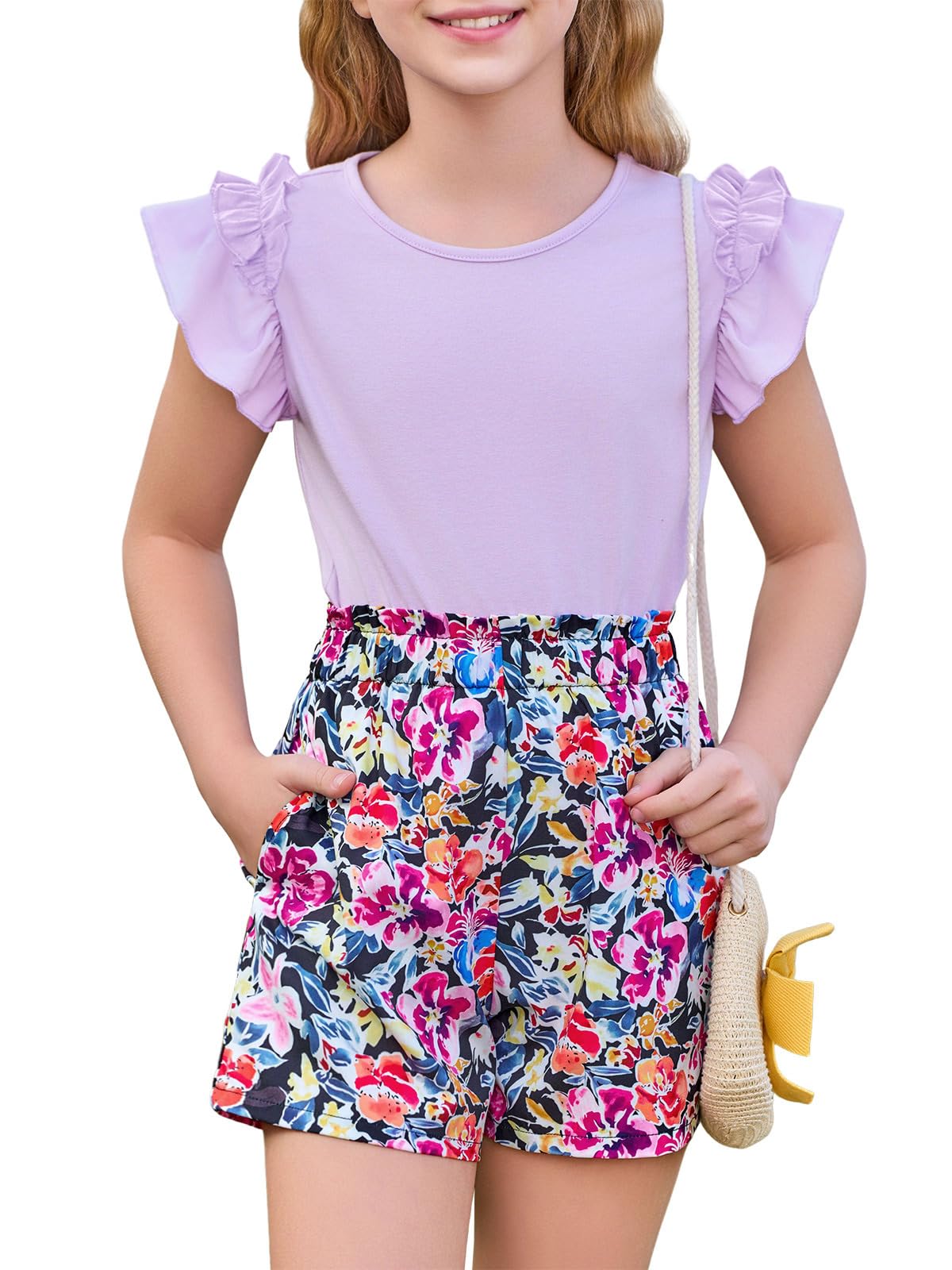 Haloumoning Girls 2 Piece Summer Outfits Clothes Ruffle Short Sleeve Shirts and High Waist Paper Bag Shorts Sets with Pockets