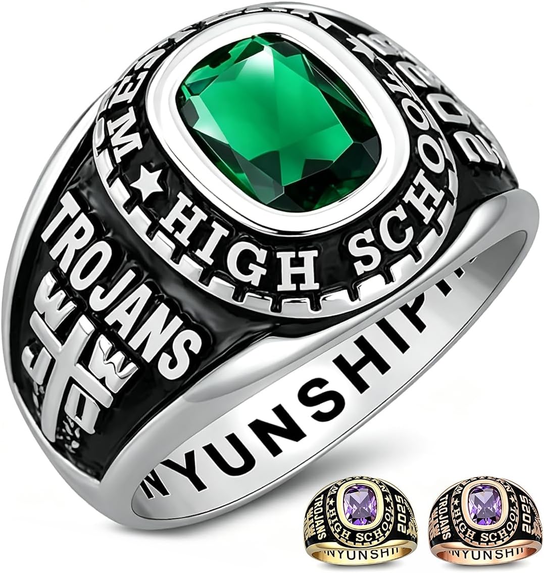 Custom Class Rings Fully Personalized Class Rings for Men Gold Plated Class Rings Sterling Silver Rings Men's Class Rings Class Rings for Men High School Size 5-15 College Rings for Men