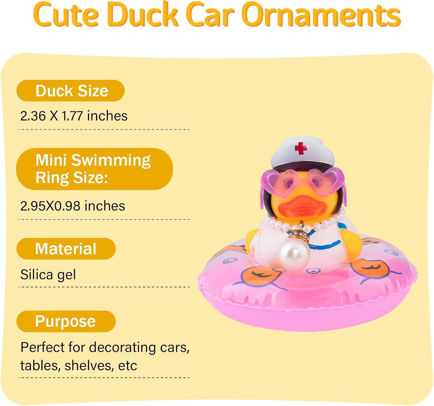 wonuu Car Rubber Duck Car Duck Decoration Dashboard Car Ornament for Car Dashboard Decoration Accessories with Mini Swim Ring Necklace and Sunglasses, A_Nurse Duck_Pink Swim_Heart Glasses_Big Pearl