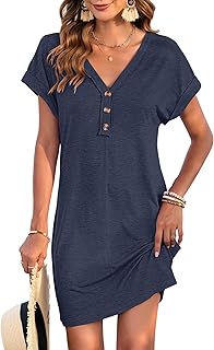 Women's Casual T Shirt V Neck Dress Summer Button Short Sleeve Dresses 2025 Mini Sundresses - Buy now