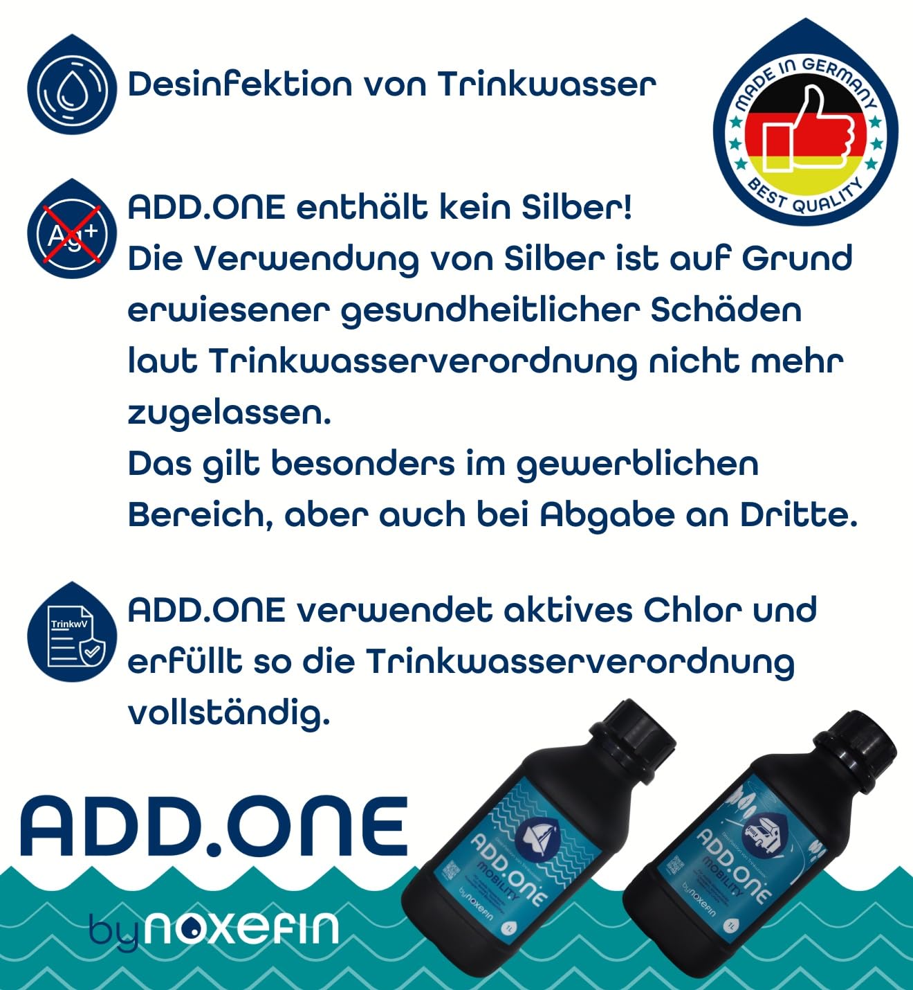 ADD.ONE Trinkwasserdesinfektion & Biofilmabbau, 1 L | für Wohnwagen, Camping, Outdoor, Tiere und Boote - genug für 100L - Kein Gefahrenstoff - 100% Geschmacksneutral