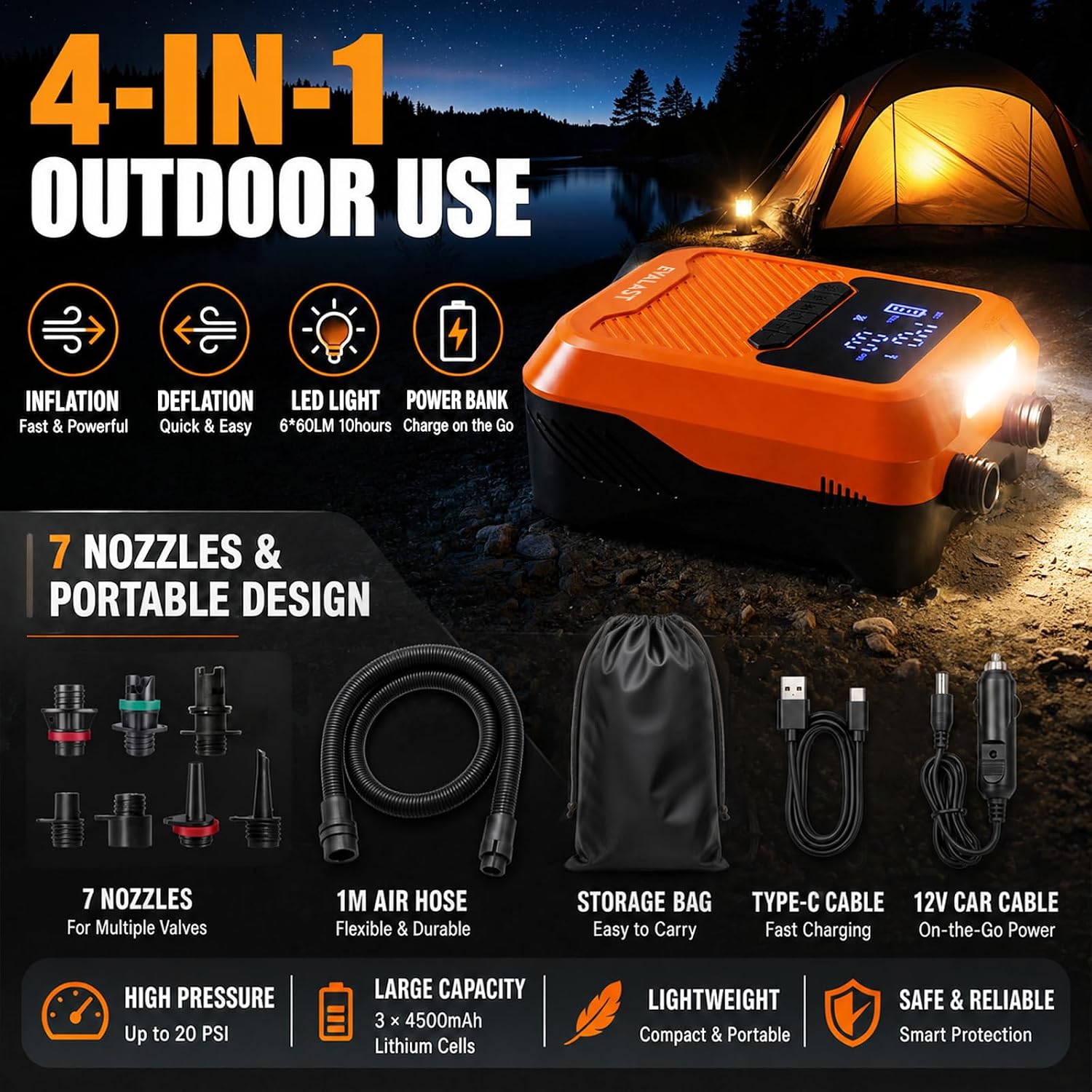 20 PSI Rechargeable SUP Pump with 12V Car Power | Auto shut-off, inflate and deflate, LED pressure display, 7 nozzles and storage bag for paddle boards, kayaks and boats.