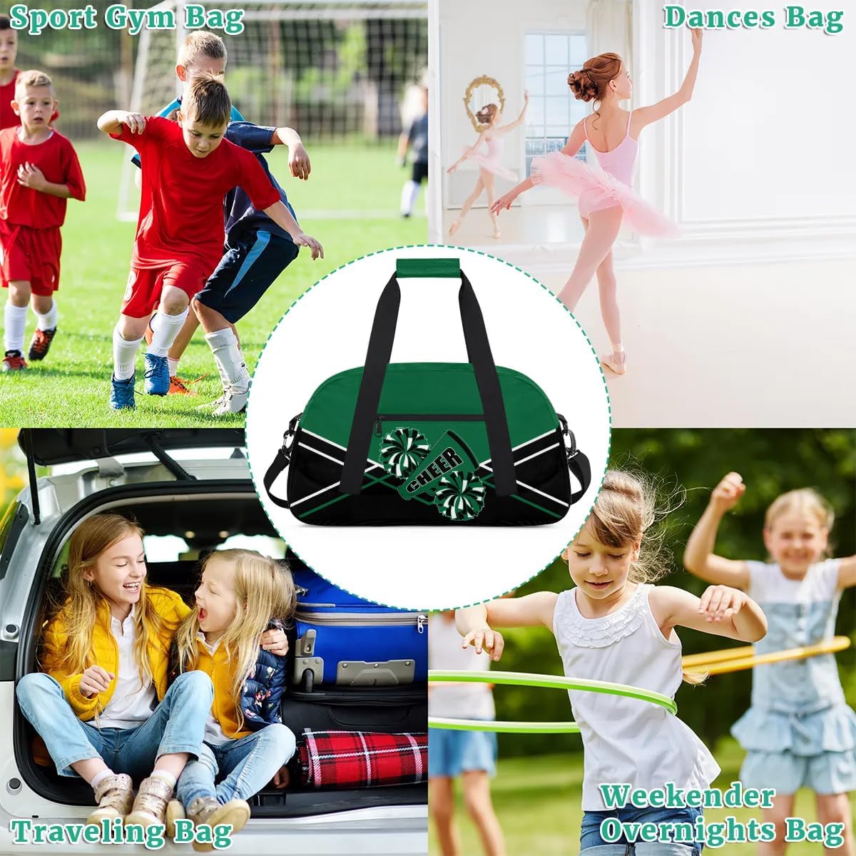 Kid Cheer Duffel Bag Weekender Overnight Bag Travel Collapsible Sports Gym Bags for Girls Boys Gymnastics Sleepover Waterproof Carry-on Bags Lightweight Work Out Handbags Green Black White - Image 2