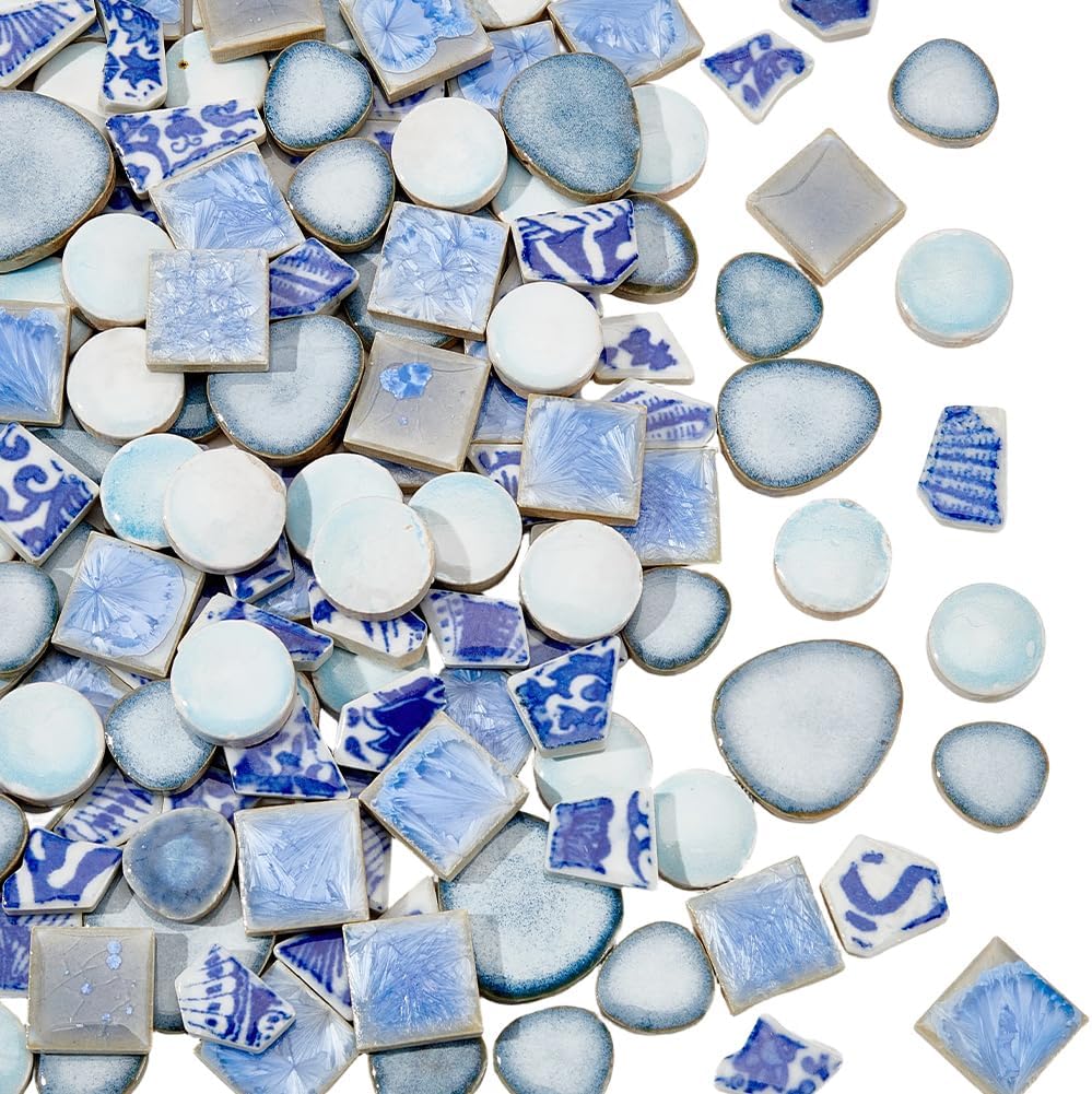 500g 4 Styles Mosaic Tiles Ceramic Blue and White Ceramic Tiles Bulk Porcelain Random Shape China Crack Broken Tiles Pieces for Art Crafts Mosaic Making Projection Home Vases Cup Decorations