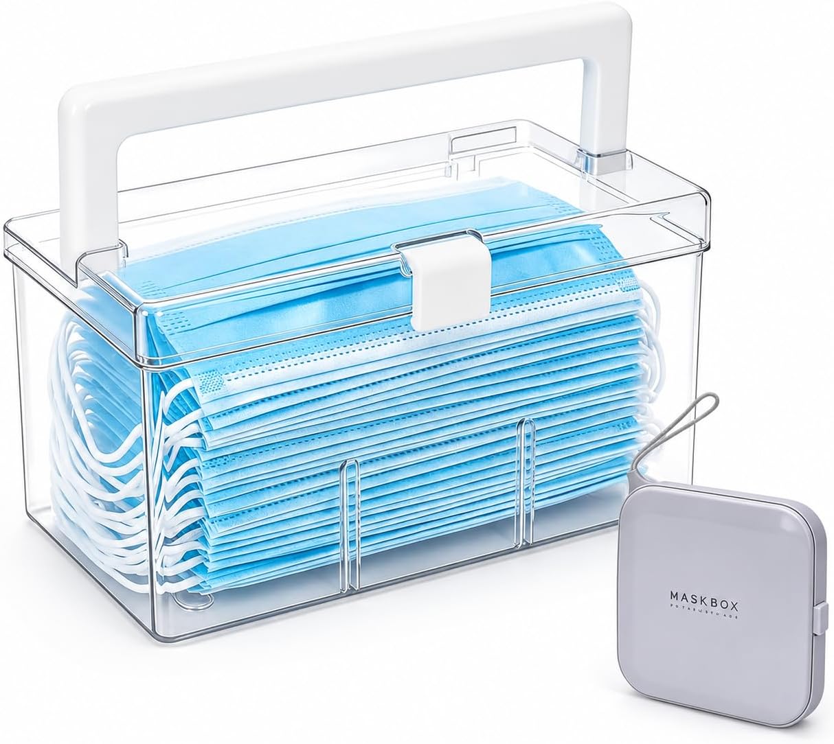 Face Mask Storage Box with Handle and Travel Case, Clear Countertop Portable mask Dispenser Organizer for Disposable Coverings, Entryway Holder for Home Office Car