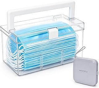 Face Mask Storage Box with Handle and Travel Case, Clear Countertop Portable mask Dispenser Organizer for Disposable Coverings, Entryway Holder for Home Office Car