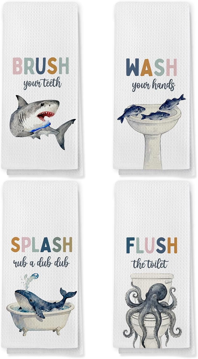 Funny Kids Coastal Hand Towels Set of 4 for Bathroom Kitchen Decor, Nautical Beach Shark Octopus Hand Towel, Ocean Beachy Fish Whale Dish Tea Towels, 16x24 Inch
