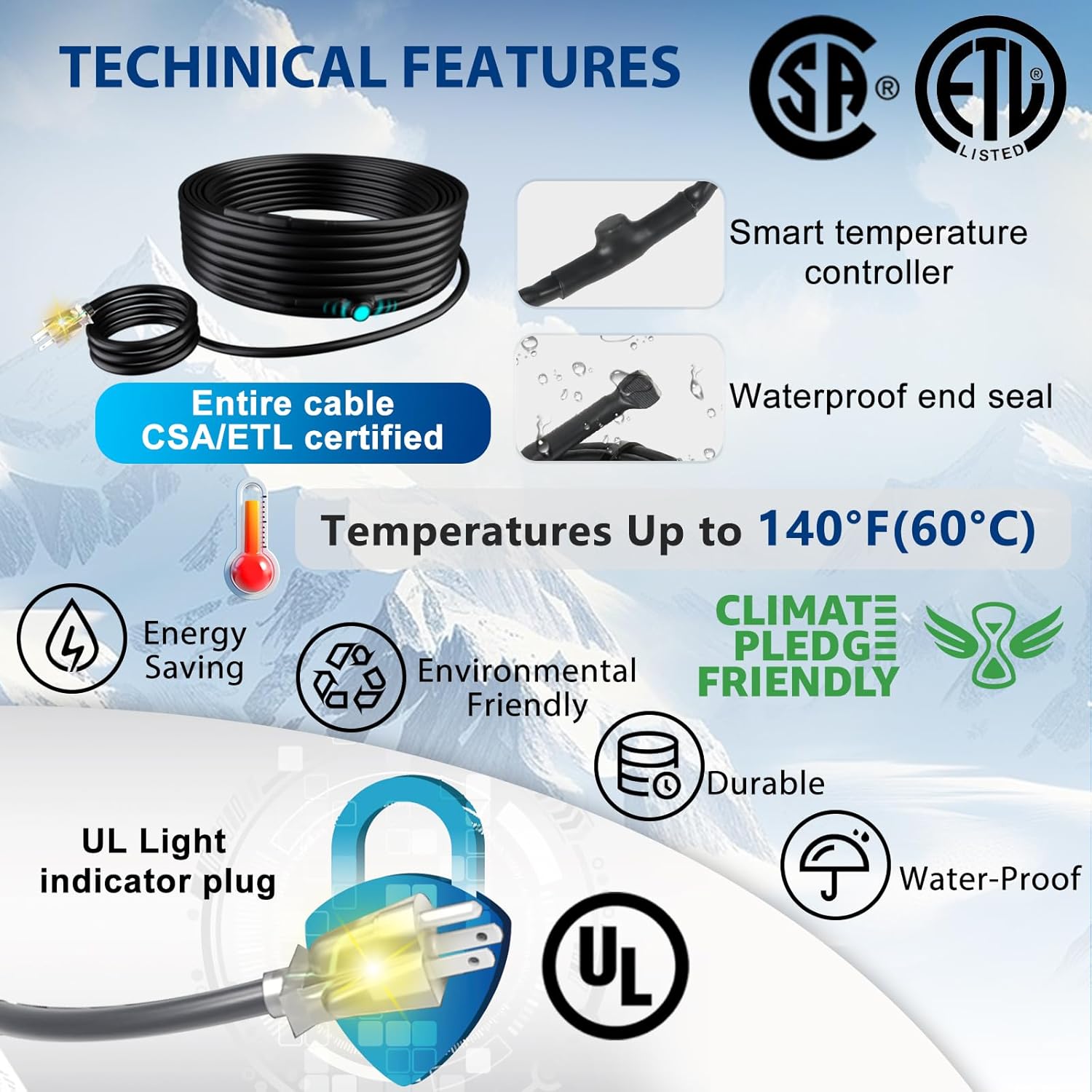 6ft Pipe Freeze Protection Heat Tape Constant Wattage 7w/ft, Energy-Efficient with Thermostat, Safe for Metal & Plastic Pipes, -40°F Performance