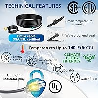 Vista 6 de Cable de calefacción de tubería de agua de 9 pies - Potencia constante de 7 W/pie, Termostato incorporado, Certificación CSA/ETL, Eficaz a -40°F
