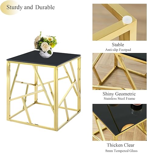 Miniatura 3 de WOKER FURNITURE Mesa auxiliar de cristal negro con marco geométrico de metal dorado, mesa auxiliar moderna de 20 pulgadas con parte superior de