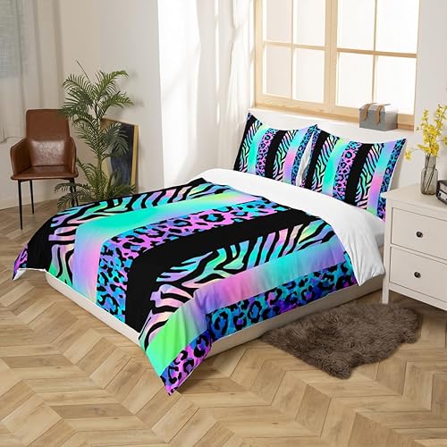 Miniatura 5 de Juego de funda de edredón de leopardo para niños, tamaño matrimonial, juego de ropa de cama de piel de cebra y guepardo abstracto, decoración de