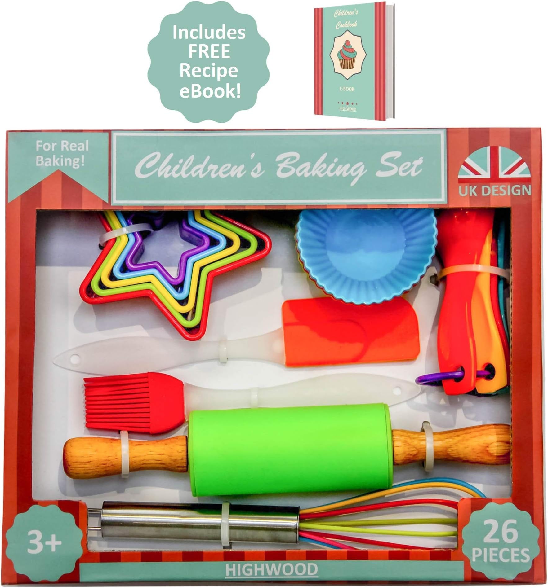Kids Baking Set Cooking Bakeware 26 Piece BPA Free Real Baking and Cooking Utensils Cookie Cupcake Gift Set for Children with Recipe eBook by Highwood