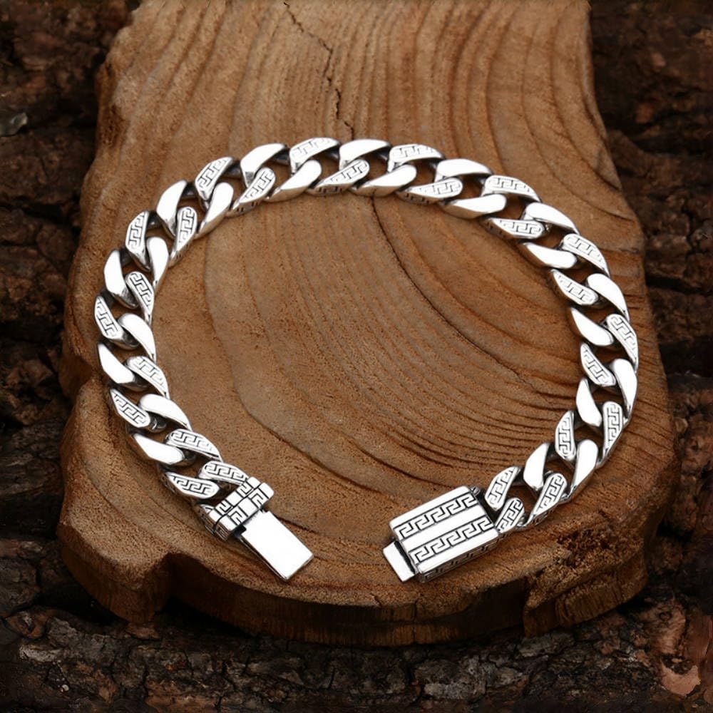 ForFox Pulsera de cadena cubana de plata de ley 925 pulsera de cadena barbada con diseño de llave griega para hombre 9mm 18/20cm