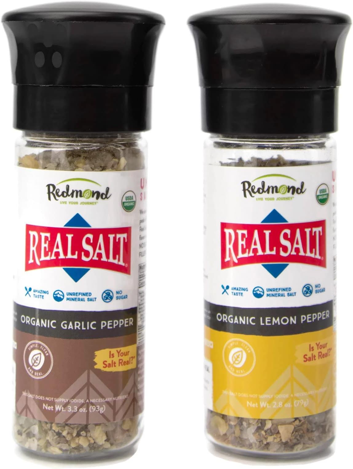 REDMONDReal Sea Salt - Natural Unrefined Organic Gluten Free, Coarse Salt with Coarse Grinder (Lemon Pepper & Garlic Pepper)