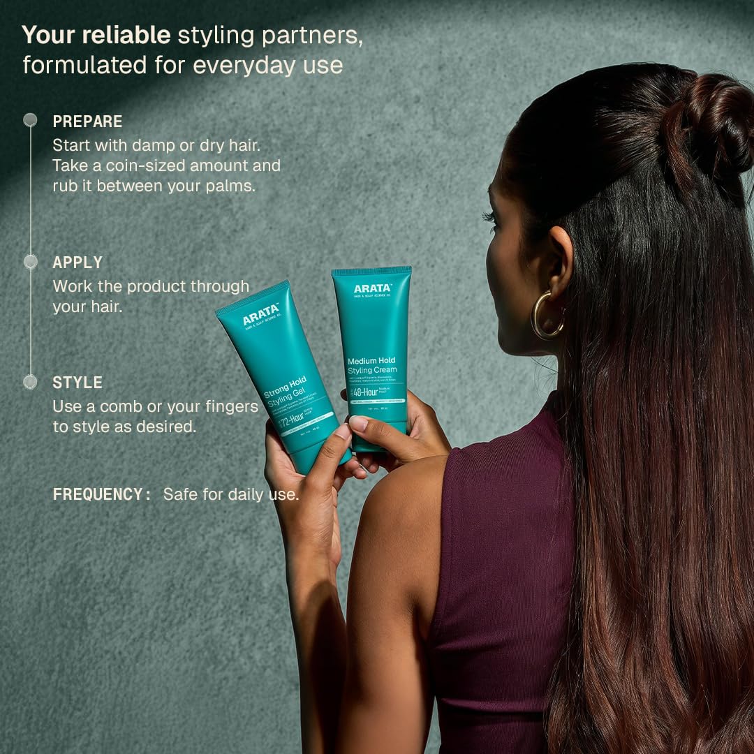 Arata Styling Combo of 2 - Hair Cream (50 ML) & Styling Hair Gel (50 ML) | For Glossy & Matte Looks | Soft & Strong Hold | Defined, Frizz-Free Hair | Adds Texture & Boosts Moisture | For All Hair Types 4