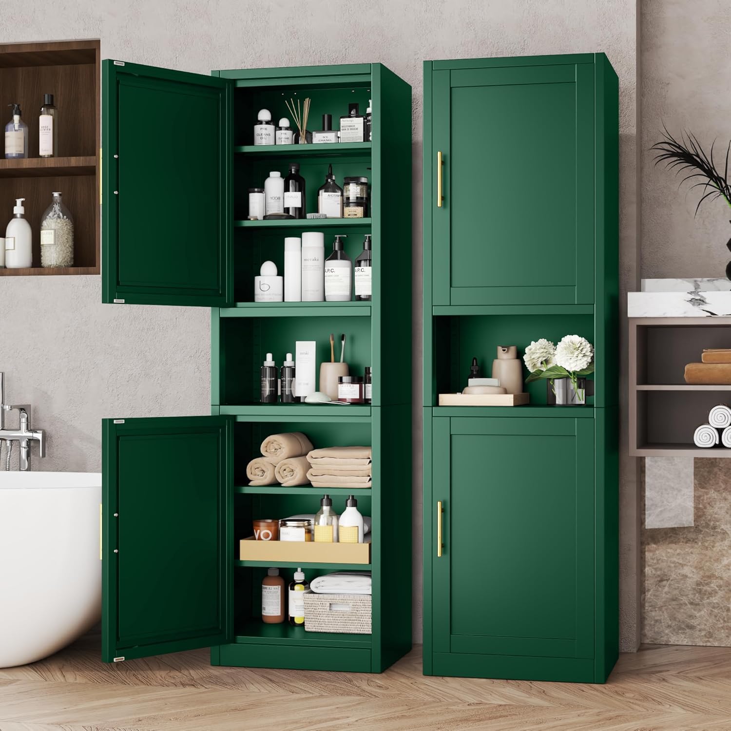 Tall Metal Narrow Bathroom Storage Cabinet 67" H, Tall Green Pantry Cabinets with 4 Adjustable Shelves and 2 Doors for Kitchen, Home Office, Living Room, Dining Room(20 inches Wide)