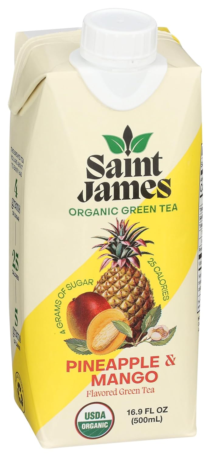 Saint James Iced Tea | Pineapple & Mango Organic Green Tea | USDA Certified Organic, Non-GMO Green Tea, 16.9 Fluid Ounce (Pack of 12)