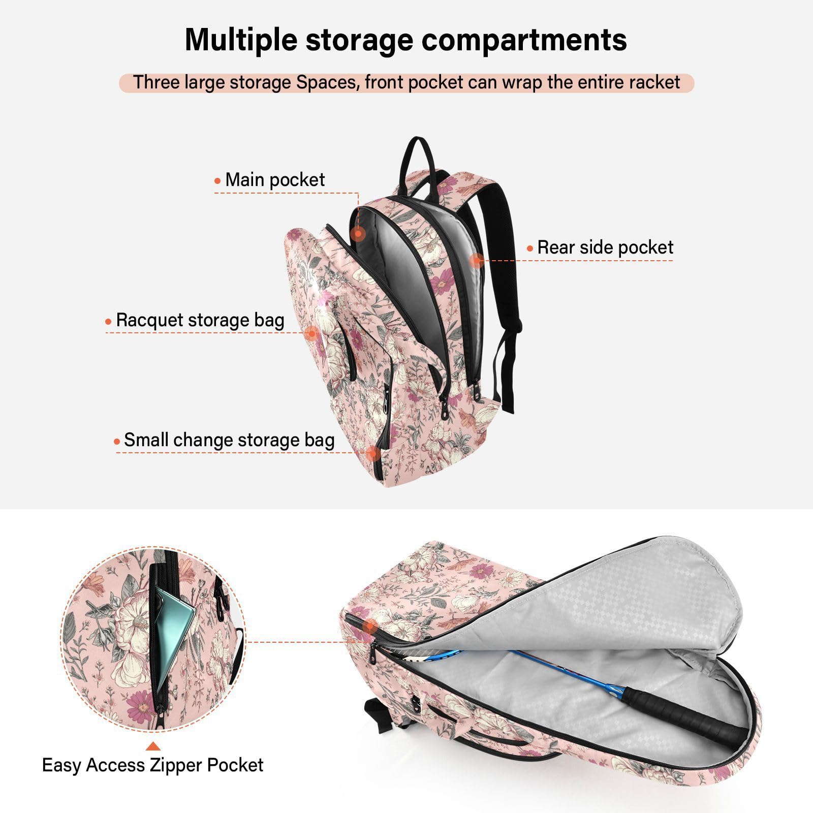 junzan Mochila para raqueta de tenis, resistente al agua, 3 raquetas de bádminton, funda para raqueta de bádminton, para hombres y mujeres, tenis, deporte, vintage, flores, melocotón