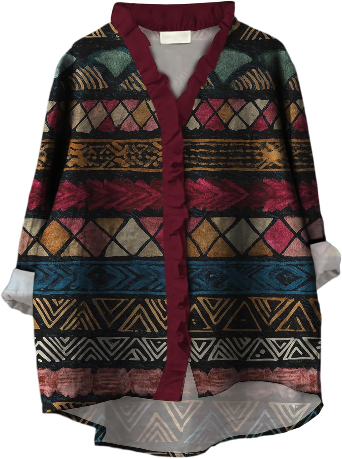 Button Down Shirts for Women Dressy Ruffled V Neck Long Sleeve Tunic Tops Loose Casual Boho Patchwork Print Blouses