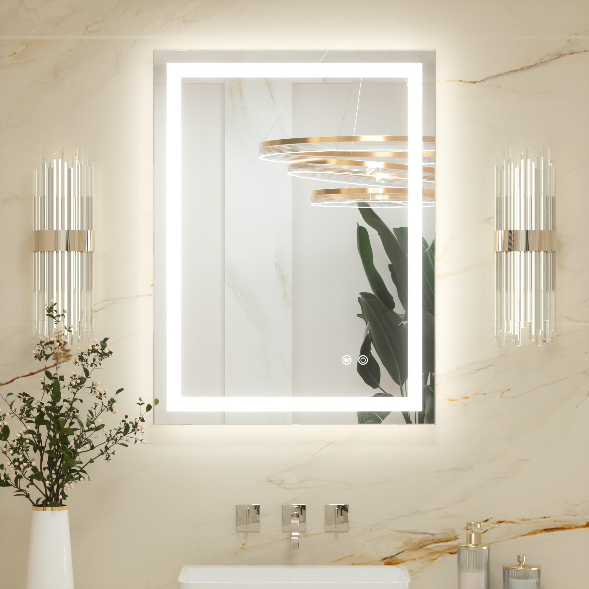 Keonjinn 60x80cm Bathroom Mirror with Led Lights, Antifog Vanity Mirror Back and Frontlit 3 Colour Dimmable Illuminated Wall Mounted Rectangle Mirrors
