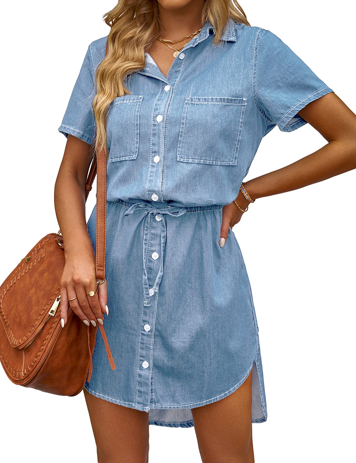 luvamia Women Casual Denim Dress Short Sleeve Tie Waist Classic Jean Shirt Dress