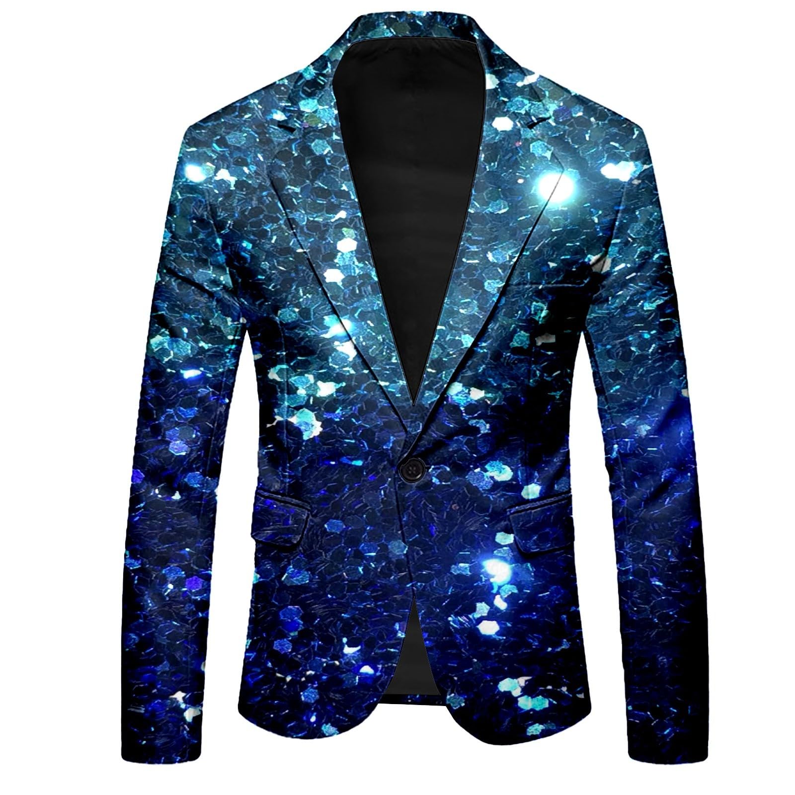 Giacca con brillantini, da uomo, sportiva, con paillettes, costume da carnevale, blazer anni '70, a maniche lunghe, slim fit, con un bottone, per matrimoni, feste, carnevale