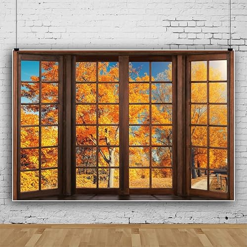 Miniatura 2 de CRTPOD Fondo de ventana de otoño de 6 x 4 pies para sesión de fotos, fondo de hojas de arce de otoño para temporada de fotografía, paisaje natural,