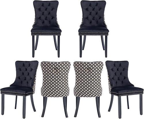 Miniatura 18 de Juego de 4 sillas de comedor de terciopelo, sillas de comedor tapizadas con ribete de cabeza de clavo, patas de madera, anillo de tracción, sillas