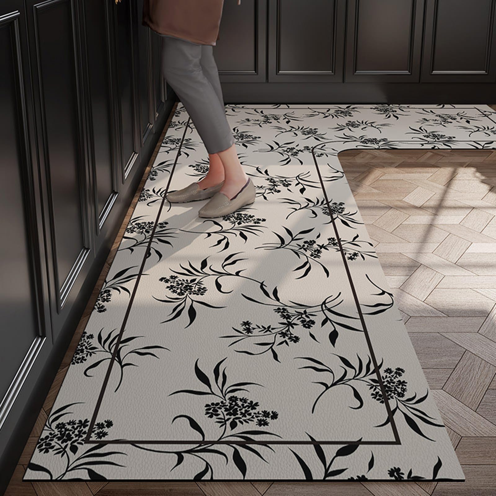 BANEBOR L-Shaped Kitchen Rug - Non-Slip Absorbent Floor Mat, Washable Anti-Fatigue Corner Carpet for Sink Area, Oil & Water Proof Kitchen Mat (Spring Right L, 39''x59''x18'')