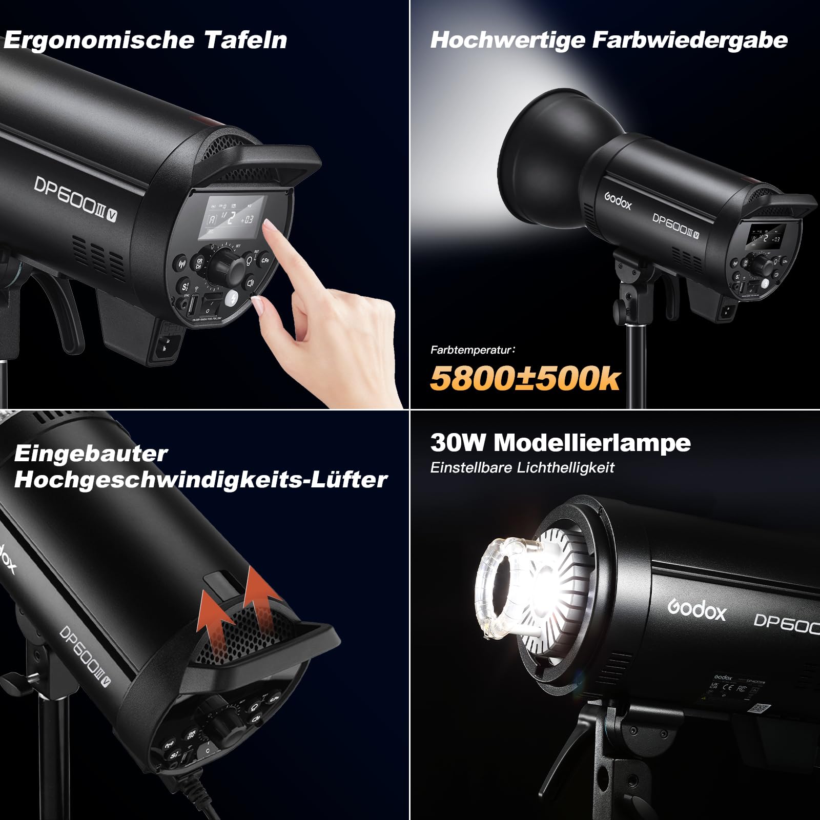 Godox DP600IIIV lampa błyskowa do studia stroboskopowego, 600 W, 5600 ± 200 K, temperatura barwowa Bowens Mount 2,4 G, bezprzewodowy system studyjny, na wesele, portret, moda