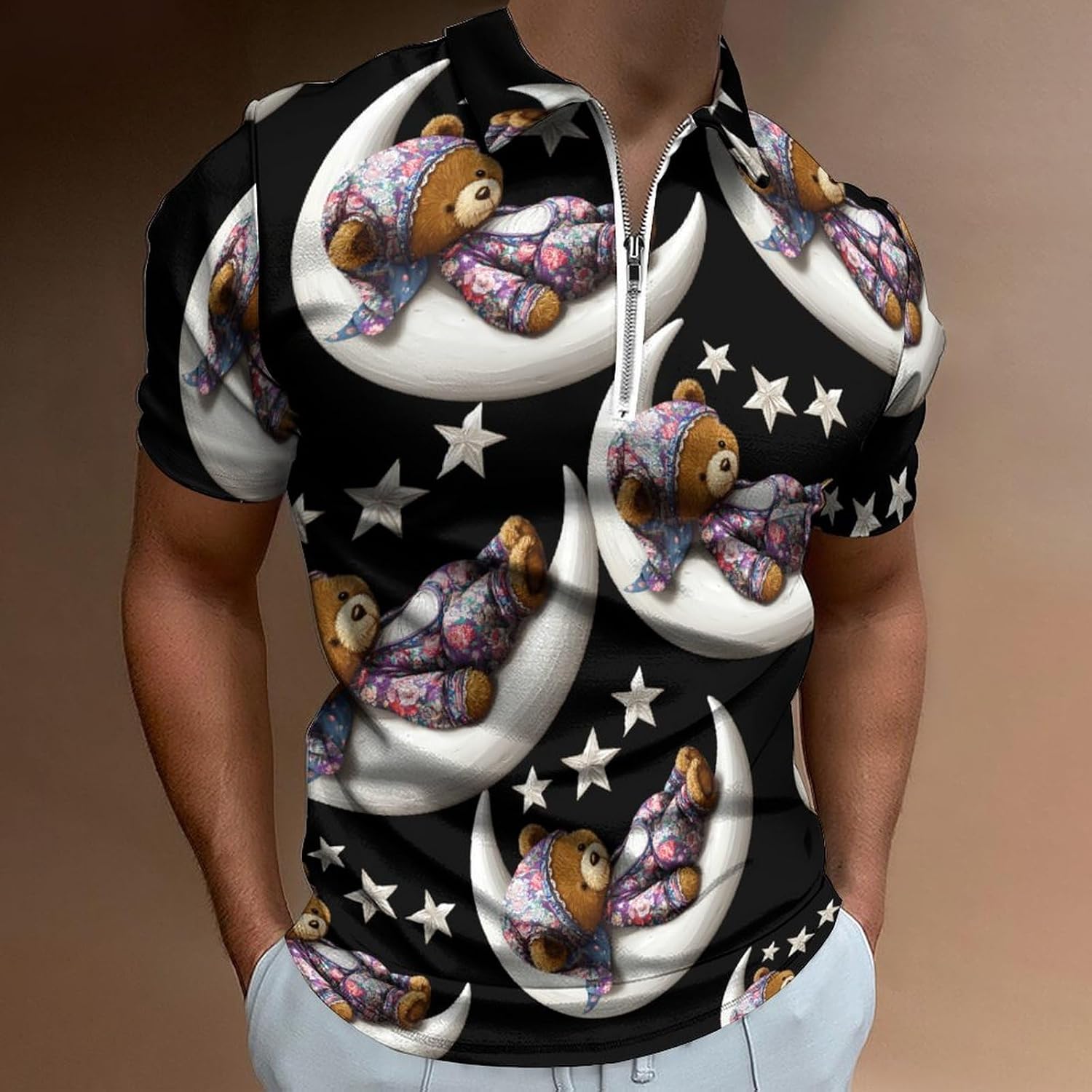 Teddy Bear Men's Polo Shirts Golf Short Sleeve Tops | Casual Workout,Golf T-Shirt,Zippered Tee,Collared,Print