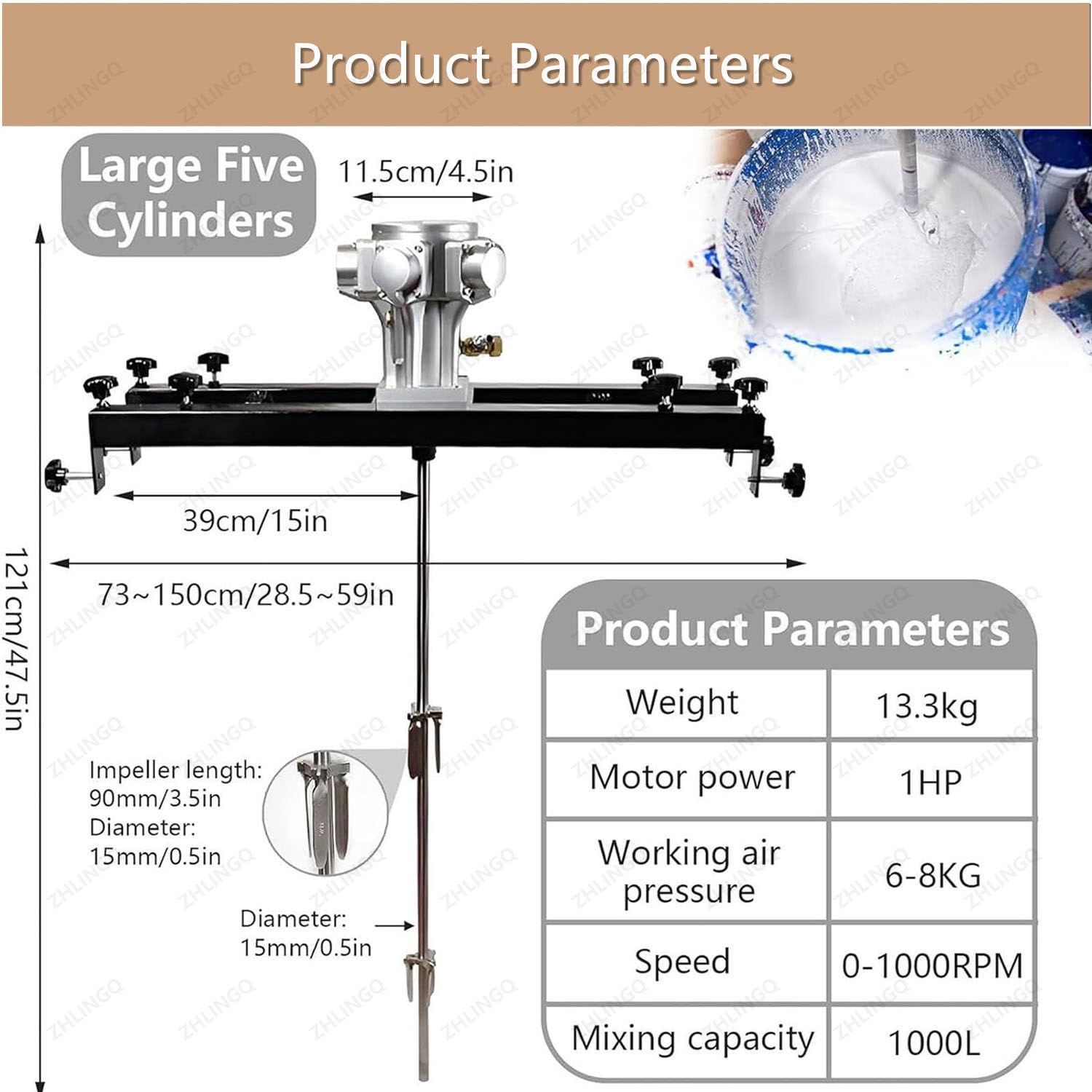 Mezclador de soporte neumático, máquina mezcladora de tanque IBC, máquina comercial de agitación de pintura de 1 tonelada con colgador de soporte, equipo para mezcla (sin cubeta) ( Small5Cylinders)