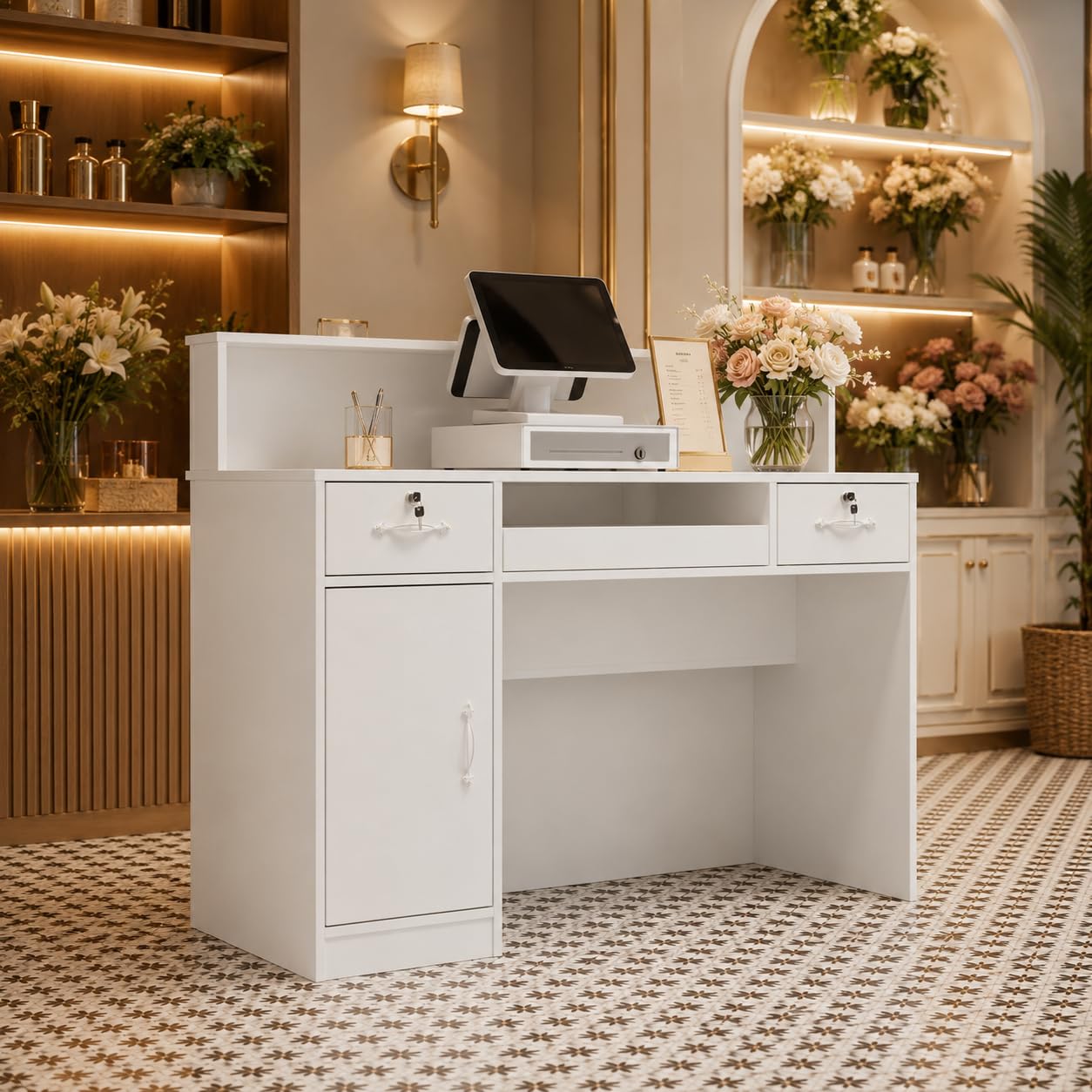 Banco di reception, banco di reception, banco di vendita, sala reception, sala di accoglienza, bancone da ufficio, con grande superficie di lavoro, bianco, legno, 100 cm x 120 cm x 50 cm