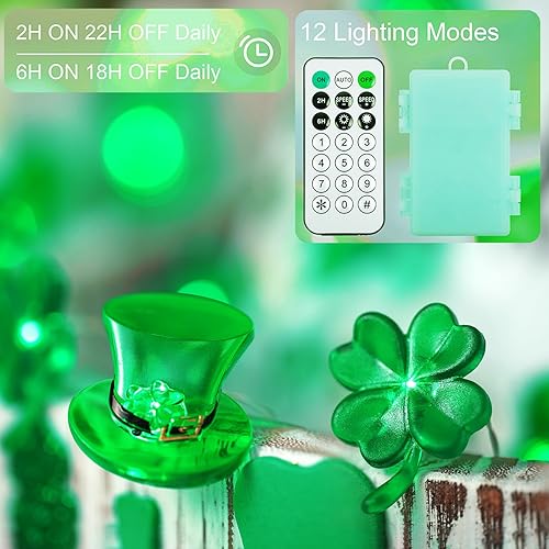 Miniatura 3 de BOHON Decoraciones del día de San Patricio, tréboles verdes, duende, sombrero de copa de luces de 10 pies, 30 luces LED de hadas de trébol de la