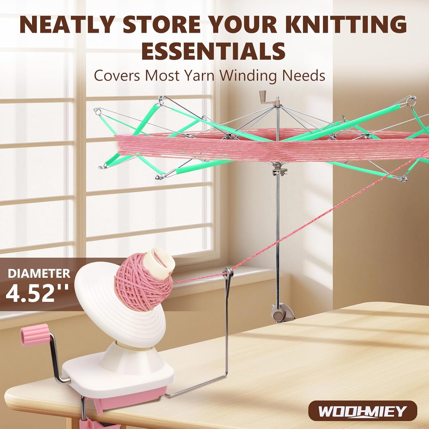 WODHMIEY Yarn Winder Hand Crank Yarn Ball Winder Manual Portable Yarn Winder for Crocheting, Yarn Swift and Holder, Compact Yarn Roller Tool, 2PCS Set, Crochet Tools and Accessories (Pink)