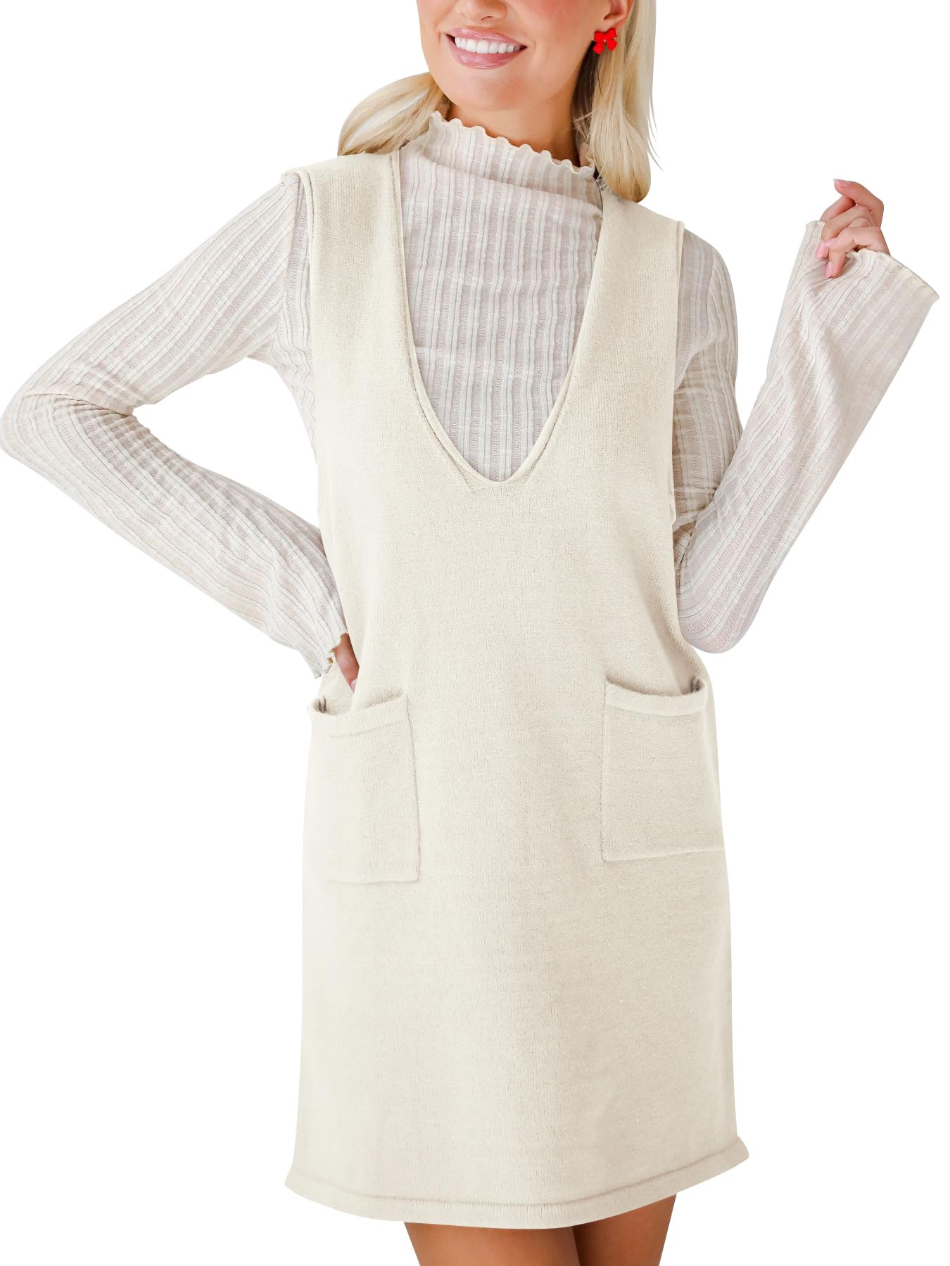 utcoco Women's Knit Pinafore Dress Sleeveless V-Neck Sweater Dress with Pockets X-Small Apricot