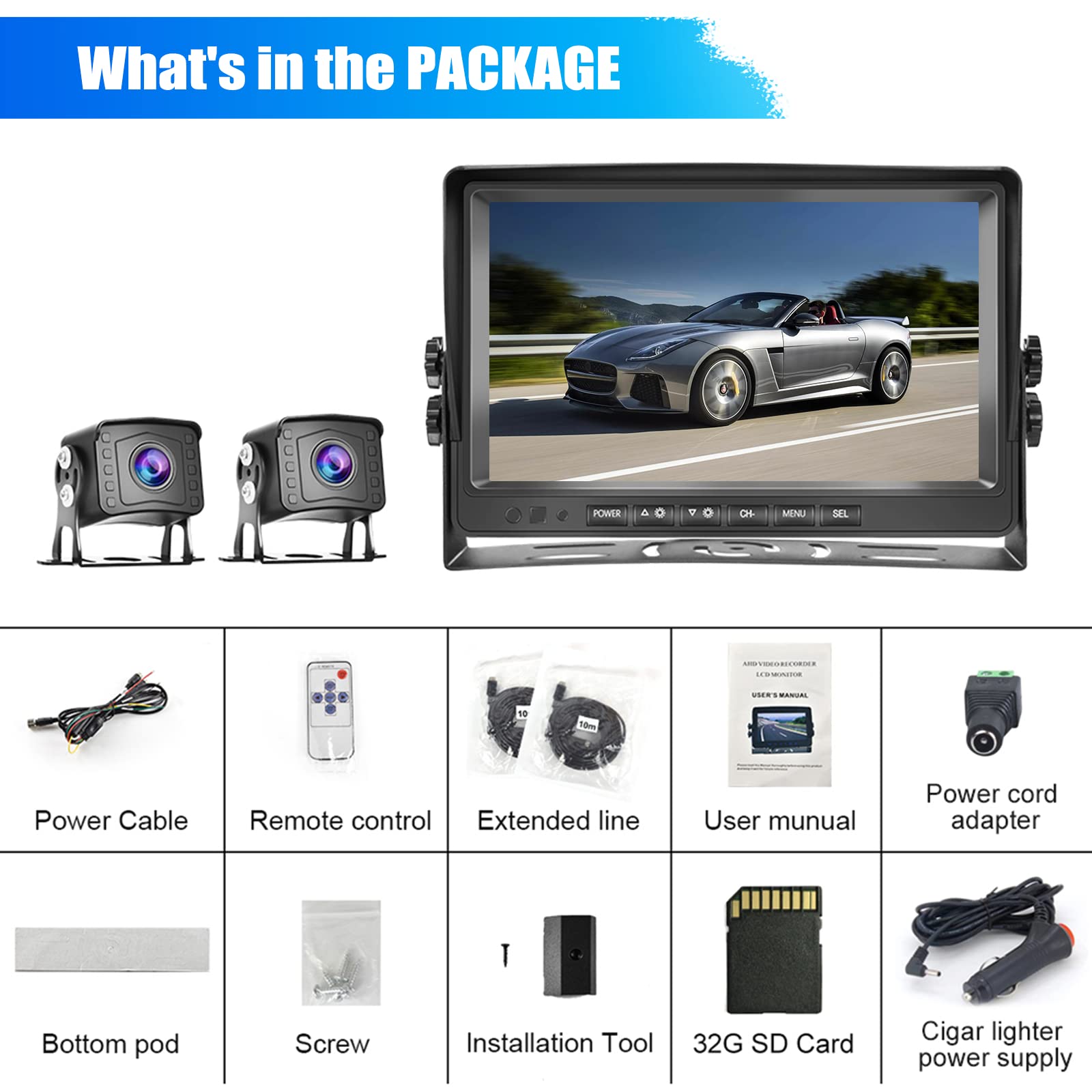 CAMECHO Cámara Marcha Atras Kit y 9 Pulgadas LCD Monitor+2* AHD Camara Trasera Coche con DVR Grabación Video, Impermeable 18IR Visión Nocturna+Cable de 2 x 10 m/12V-35V para Camion/Bus/Remolques/RV
